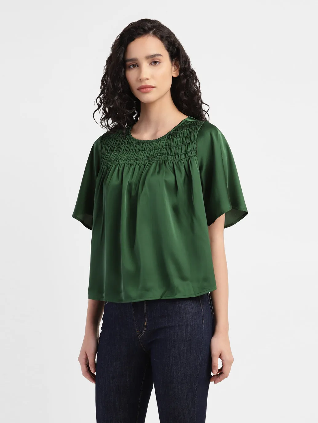 Women's Solid Round Neck Top Green